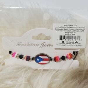 Puerto Rico Flag Bead & Black Polyester Adjustable Bracelet
